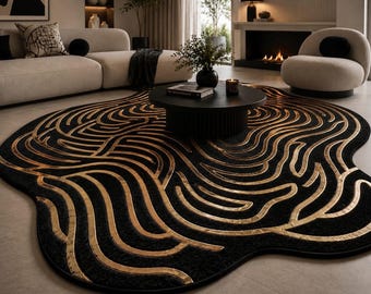 Luxury Black Gold Abstract Area Rug Irregular Modern Designer Statement Home Decor