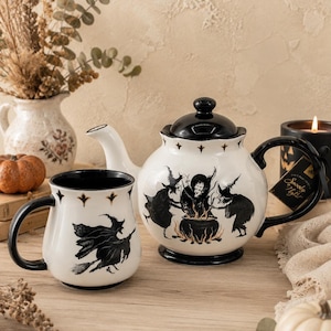 Halloween Witch Tea Set | Potter's Studio Spooky Night 40oz Teapot or 16oz Mug | Witchcore Gothic Cottagecore Fall Decor