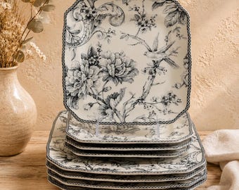222 Fifth Adelaide Juego de 8 platos cuadrados para cena y ensalada, color gris, vajilla de porcelana fina, platos florales en blanco y negro, estampado de pájaros, estilo cottagecore.