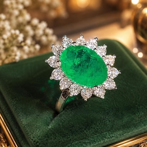 Op de afbeelding: Een zilverkleurige ring met een grote, ovaalvormige, levendig groene centrale steen, omringd door een halo van veertien kleine, heldere, rond geslepen stenen in een bloemmotief, geplaatst op een gepolijste metalen band.