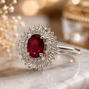 May include: A silver-toned ring featuring a large, oval-cut deep red gemstone at the centre. The stone is surrounded by a double halo of small, clear, sparkling stones, with an outer layer of baguette-cut stones and an inner layer of round stones.