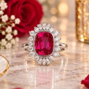 Anillo de rubí natural de 4,48 quilates con diamantes, talla cojín, oro blanco, certificado por IGL.