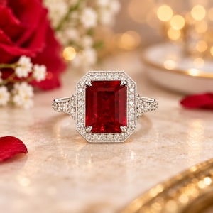 May include: A silver-coloured ring featuring a large, rectangular, emerald-cut deep red gemstone at its centre. The stone is surrounded by a halo of small, clear, round-cut stones, with additional small stones set along the split shank of the band.