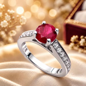 May include: A silver-coloured ring featuring a prominent round-cut vibrant red gemstone set in a four-prong mount. The band is accented with a channel of small, clear, sparkling stones embedded along both sides of the shank, creating a polished look.