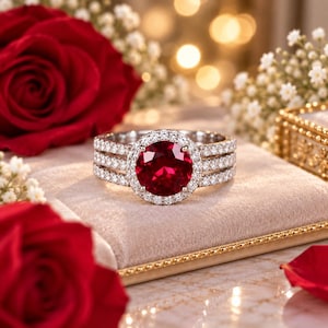 Puede incluir: Un anillo de tono plateado con una gran piedra central redonda de color rojo intenso, rodeada por un halo de pequeñas piedras claras y brillantes. La banda está dividida en tres filas, cada una incrustada con pequeñas piedras claras y brillantes.
