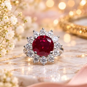 Puede incluir: Un anillo de tono plateado con una gran piedra central redonda de color rojo intenso, rodeada por un halo de doce piedras más pequeñas, transparentes y de corte redondo dispuestas en un patrón floral. Tiene una banda de metal pulido.