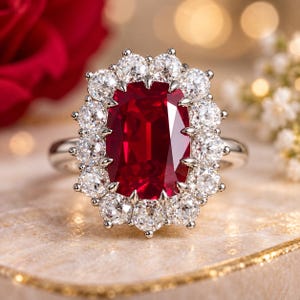 May include: A silver-toned ring featuring a large, rectangular, deep red gemstone at the center. The central stone is surrounded by a halo of fourteen round, clear, faceted stones set in a prong setting, mounted on a smooth, polished metal band.