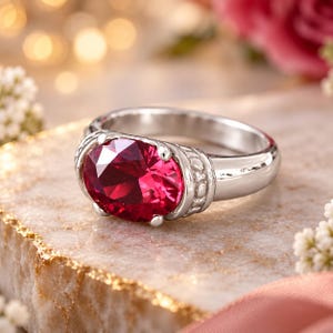 Puede incluir: Un anillo de plata con una gran piedra preciosa de color rojo intenso y corte ovalado, montada en una banda de metal pulido. El engaste incluye detalles metálicos decorativos y texturizados a ambos lados de la piedra central.