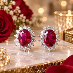 Puede incluir: Un par de pendientes de botón con grandes piedras centrales de color rojo intenso en talla ovalada, rodeadas por un halo de pequeñas piedras transparentes redondas en talla brillante sobre una montura metálica, formando un diseño floral.