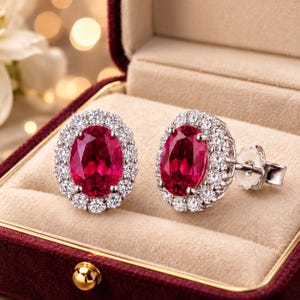 Peut inclure: Une paire de boucles d'oreilles à clous avec des pierres centrales rouge foncé de taille ovale, entourées d'un halo de petites pierres rondes transparentes serties dans un métal argenté, présentées dans un écrin doublé de velours rouge.