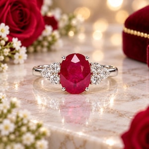 Puede incluir: Un anillo de plata con un gran rubí rojo intenso de talla ovalada como piedra central, flanqueado a cada lado por un grupo de tres pequeños diamantes blancos redondos de talla brillante montados en una banda de metal pulido.