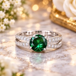 Puede incluir: Un anillo de tono plateado con una gran piedra central redonda de color verde vibrante sujeta por cuatro garras. La banda está dividida en dos secciones a cada lado, cada una incrustada con pequeñas piedras de acento blancas, claras y brillantes.