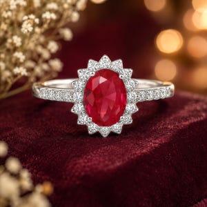 Puede incluir: Un anillo de plata con una piedra roja central de corte ovalado rodeada por un halo de pequeñas piedras blancas redondas. La banda también está engastada con pequeñas piedras blancas a los lados, creando un aspecto brillante y reflectante.