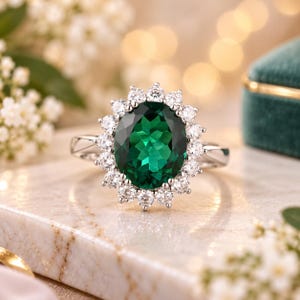 4,98 ct oval smaragdring med diamanter | 14K/18K vitt guld, IGL-certifierad