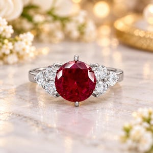 Pode incluir: Um anel de tom prateado com uma grande pedra central redonda de cor vermelho-escuro presa por garras. A banda é acentuada em cada lado por um grupo de três pedras brancas transparentes, redondas e mais pequenas, criando um design simétrico.
