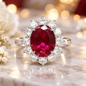 May include: A silver-toned ring featuring a large, oval-cut deep red gemstone at the centre. The central stone is surrounded by a halo of twelve round, brilliant-cut clear white stones set in a floral-inspired arrangement on a polished metal band.