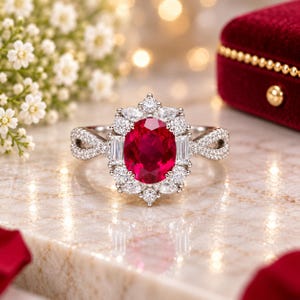 Könnte beinhalten: Ein silberfarbener Ring mit einem großen, oval geschliffenen, leuchtend roten Mittelstein, umgeben von einem Kranz aus kleineren runden und marquiseförmigen klaren Steinen. Die Ringschiene ist geteilt und mit kleinen Steinen besetzt.