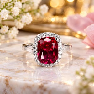 Puede incluir: Un anillo de tono plateado con una gran piedra preciosa de color rojo intenso y corte cojín rectangular en el centro. La piedra central está rodeada por un halo de pequeñas piedras blancas redondas engastadas en la banda de metal.