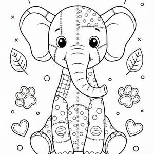 Puede incluir: Ilustraci&oacute;n en blanco y negro de un elefante lindo con orejas grandes, una trompa y detalles de patchwork cosidos. El elefante est&aacute; rodeado de hojas, huellas de patas y corazones. Esta p&aacute;gina para colorear es ideal para ni&ntilde;os.