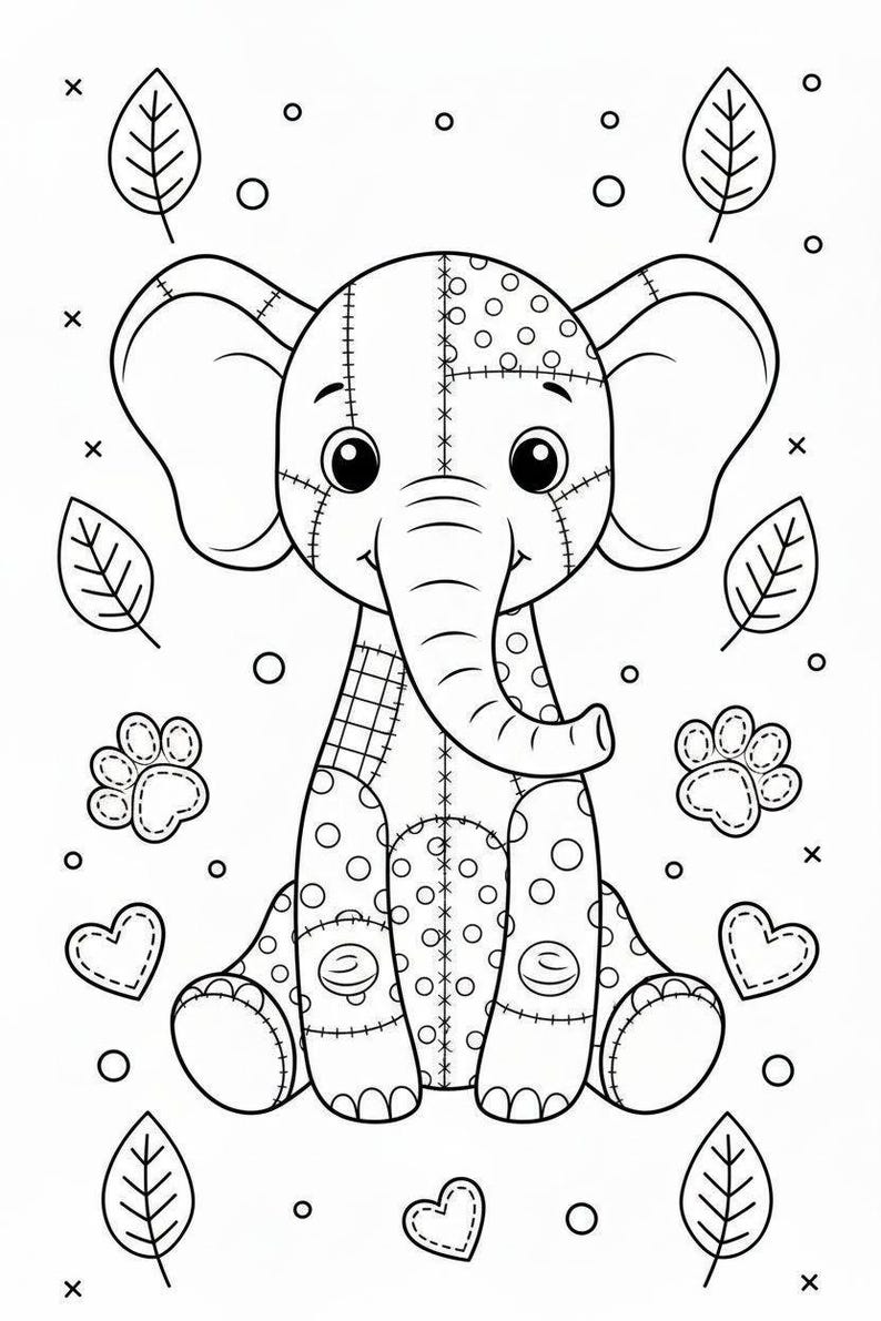 Puede incluir: Ilustraci&oacute;n en blanco y negro de un elefante lindo con orejas grandes, una trompa y detalles de patchwork cosidos. El elefante est&aacute; rodeado de hojas, huellas de patas y corazones. Esta p&aacute;gina para colorear es ideal para ni&ntilde;os.