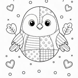 Puede incluir: Ilustraci&oacute;n en blanco y negro de un p&aacute;jaro redondo con patrones de patchwork, rodeado de hojas, corazones y c&iacute;rculos. El p&aacute;jaro tiene ojos grandes y alas peque&ntilde;as, ideal para proyectos de colorear o manualidades.