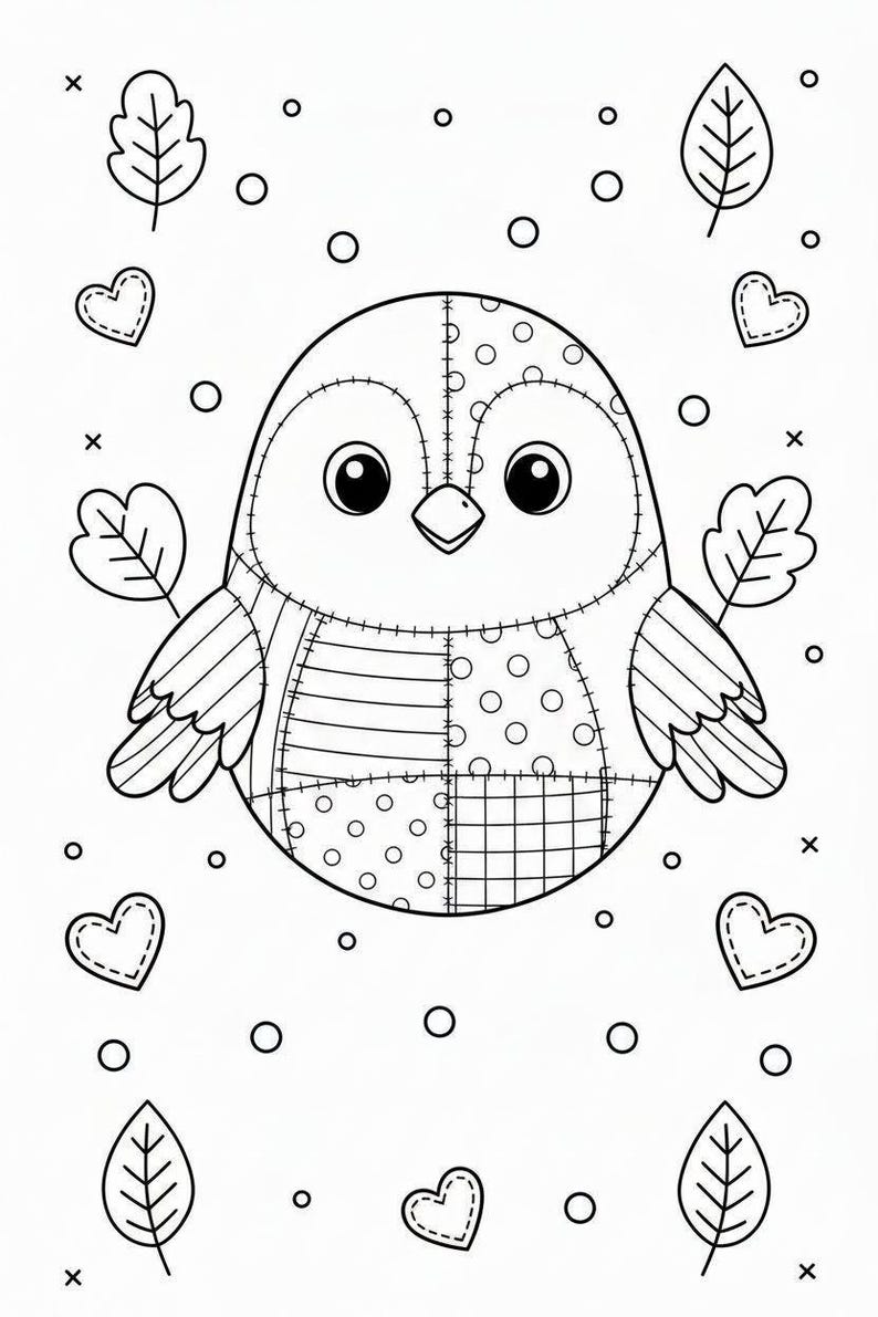 Puede incluir: Ilustraci&oacute;n en blanco y negro de un p&aacute;jaro redondo con patrones de patchwork, rodeado de hojas, corazones y c&iacute;rculos. El p&aacute;jaro tiene ojos grandes y alas peque&ntilde;as, ideal para proyectos de colorear o manualidades.