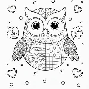 Puede incluir: Ilustraci&oacute;n en blanco y negro de un b&uacute;ho con ojos grandes, alas y cuerpo estampado. El b&uacute;ho est&aacute; rodeado de hojas, corazones y c&iacute;rculos. Adecuado para libros para colorear o proyectos de manualidades.