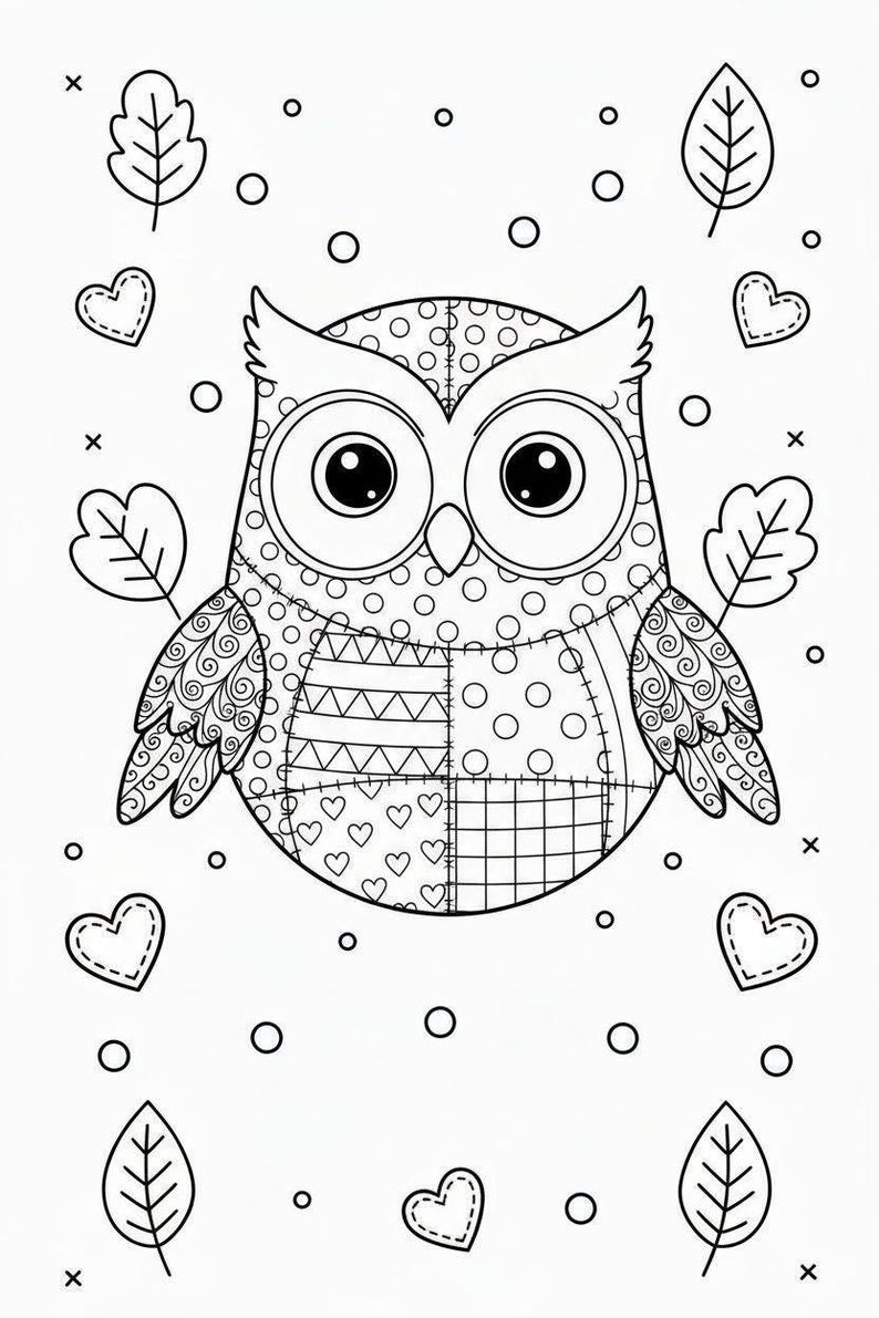 Puede incluir: Ilustraci&oacute;n en blanco y negro de un b&uacute;ho con ojos grandes, alas y cuerpo estampado. El b&uacute;ho est&aacute; rodeado de hojas, corazones y c&iacute;rculos. Adecuado para libros para colorear o proyectos de manualidades.