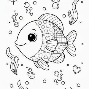 Puede incluir: Ilustraci&oacute;n en blanco y negro de un pez de dibujos animados con un dise&ntilde;o de patchwork. El pez tiene ojos grandes y est&aacute; rodeado de burbujas, corazones y algas marinas. El cuerpo del pez est&aacute; decorado con corazones, c&iacute;rculos y cuadrados.