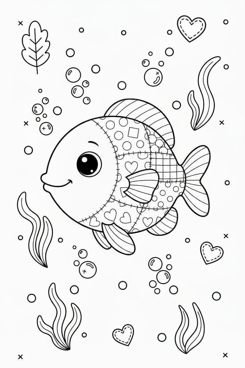 Puede incluir: Ilustraci&oacute;n en blanco y negro de un pez de dibujos animados con un dise&ntilde;o de patchwork. El pez tiene ojos grandes y est&aacute; rodeado de burbujas, corazones y algas marinas. El cuerpo del pez est&aacute; decorado con corazones, c&iacute;rculos y cuadrados.