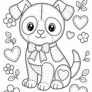 Puede incluir: Ilustraci&oacute;n en blanco y negro de un cachorro cosido con pajarita, rodeado de corazones, flores y hojas. El cachorro tiene parches de tela estampada. Ideal para proyectos de colorear o manualidades.