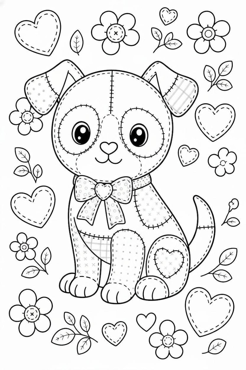 Puede incluir: Ilustraci&oacute;n en blanco y negro de un cachorro cosido con pajarita, rodeado de corazones, flores y hojas. El cachorro tiene parches de tela estampada. Ideal para proyectos de colorear o manualidades.