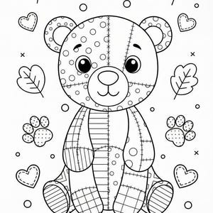 Puede incluir: Ilustraci&oacute;n en blanco y negro de un oso de peluche con detalles de patchwork, rodeado de hojas, corazones, huellas de patas y c&iacute;rculos. El oso tiene ojos grandes y una apariencia cosida, ideal para colorear.
