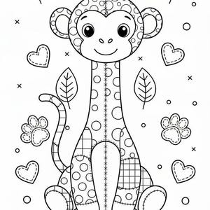 Puede incluir: Ilustraci&oacute;n en blanco y negro de un mono con dise&ntilde;o de patchwork. El mono tiene un cuello largo, ojos grandes y una cara sonriente. La imagen incluye corazones, huellas de patas y hojas.