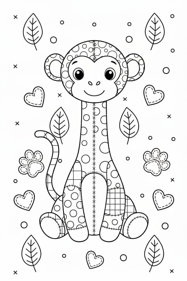 Puede incluir: Ilustraci&oacute;n en blanco y negro de un mono con dise&ntilde;o de patchwork. El mono tiene un cuello largo, ojos grandes y una cara sonriente. La imagen incluye corazones, huellas de patas y hojas.