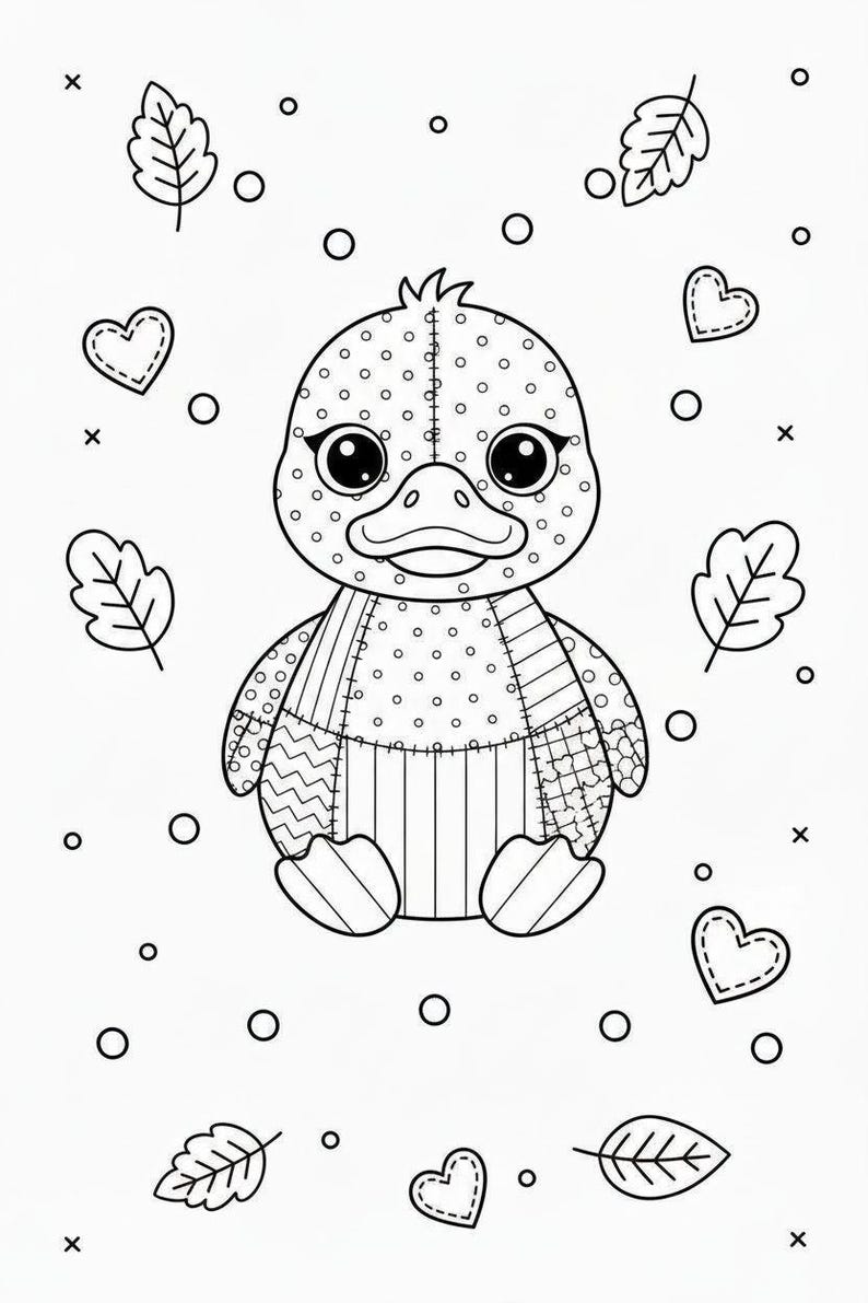 Puede incluir: Un dibujo lineal en blanco y negro de un patito con ojos grandes, un cuerpo de retazos y una cabeza punteada. La imagen incluye hojas, corazones y c&iacute;rculos, todo en un estilo de libro para colorear.