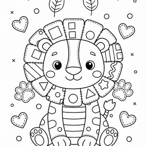 Puede incluir: Un dibujo lineal en blanco y negro de un le&oacute;n de dibujos animados con una melena y un cuerpo de retazos. El le&oacute;n est&aacute; rodeado de corazones, hojas y c&iacute;rculos. El le&oacute;n tiene huellas de patas a ambos lados.