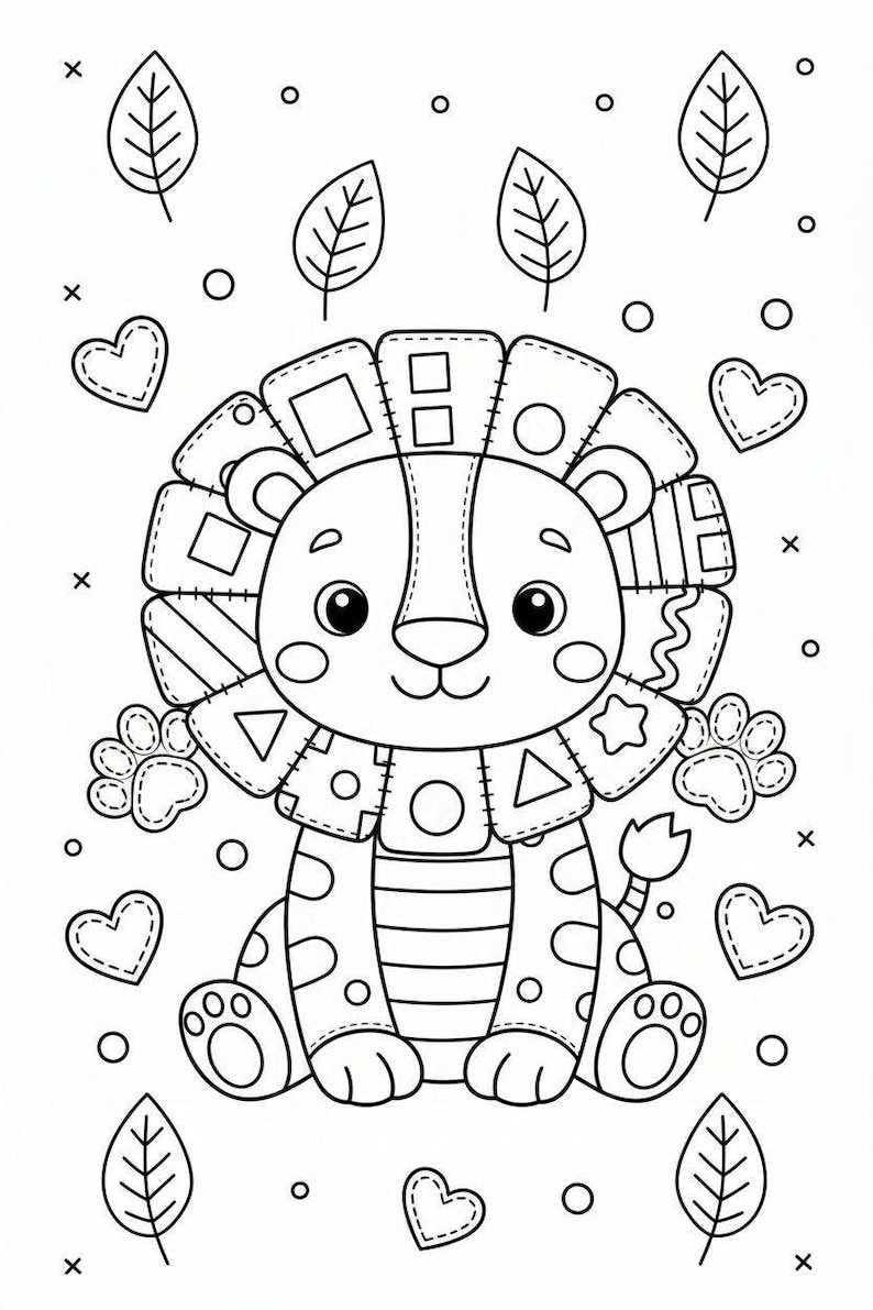 Puede incluir: Un dibujo lineal en blanco y negro de un le&oacute;n de dibujos animados con una melena y un cuerpo de retazos. El le&oacute;n est&aacute; rodeado de corazones, hojas y c&iacute;rculos. El le&oacute;n tiene huellas de patas a ambos lados.