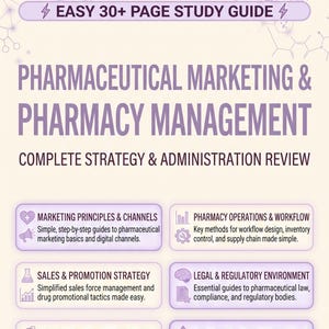 May include: A 30+ page study guide titled Pharmaceutical Marketing & Pharmacy Management: Complete Strategy & Administration Review. The document features six sections covering marketing, operations, sales, legal, pricing, and financial management.