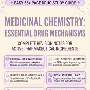 May include: A light purple and cream study guide titled Medicinal Chemistry: Essential Drug Mechanisms. It covers cardiovascular and CNS drugs, G-protein receptor mechanisms, analgesic and anti-inflammatory agents, enzyme inhibitors, antibiotics, and anticancer agents.