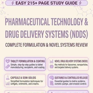 Puede incluir: Una guía de estudio de más de 215 páginas titulada Pharmaceutical Technology & Drug Delivery Systems (NDDS) que incluye secciones sobre formulación de tabletas, cápsulas, semisólidos, tecnología de aerosoles, sistemas de entrega y liberación.