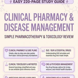 Op de afbeelding: Een studiegids van 220 pagina's getiteld Clinical Pharmacy & Disease Management: Simple Pharmacotherapy & Toxicology Review. Het document bevat zes secties over klinische farmacie, zorgplannen, geneesmiddelenprincipes, toxicologie, CZS-beheer en infectieziekten.