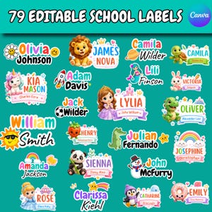 School Name Labels, 79 Printable Tags, Editable Canva Template | Instant Download