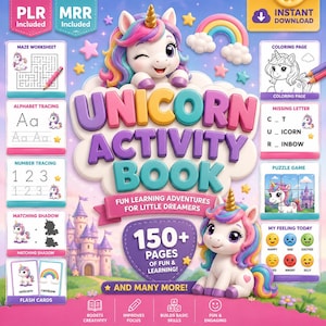 May include: A digital unicorn activity book cover featuring a cartoon unicorn with a gold horn and rainbow mane. The text reads Unicorn Activity Book, 150+ Pages, and includes sections for mazes, alphabet tracing, colouring, and puzzles on a pink background.