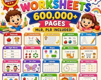May include: A digital educational product titled Mega Bundle Worksheets 600,000+ Pages for ages 3-7. The graphic features two cartoon children, colorful text, and twenty numbered boxes displaying various learning activities like flashcards, math, and puzzles.