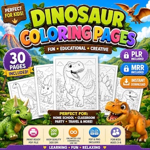 Dinosaurier-Malvorlage, A4-PDF mit 30 druckbaren Ausmalbildern (inkl. PLR- und MRR-Rechte)