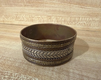 Vintage brede koperen messing manchetarmband met geëtst blad bloemen Boho Artisan