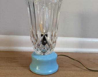 Vintage Pressed Glass Boudoir Table Lamp Turquoise Blue Base Working 8 1/4”