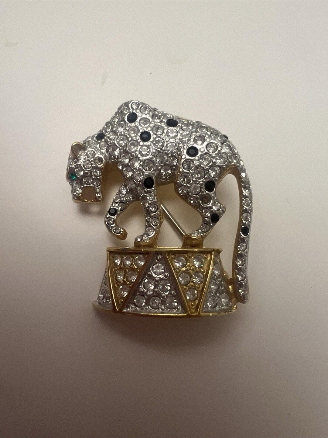 Vtg J.L. Aldenkamp Leopard Brooch Black Clear Diamanté Pavé