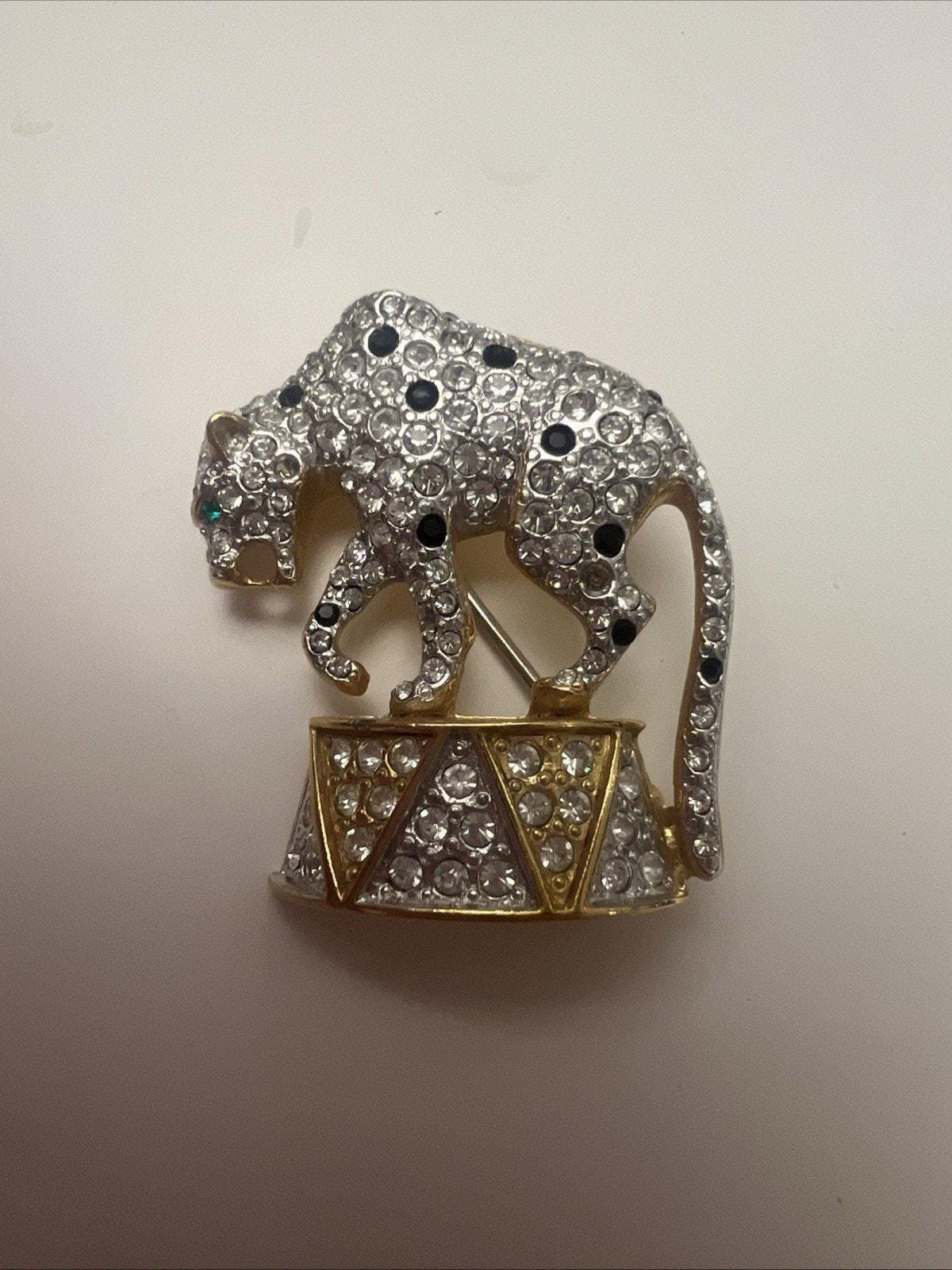 Vtg J.L. Aldenkamp Leopard Brooch Black Clear Diamanté Pavé